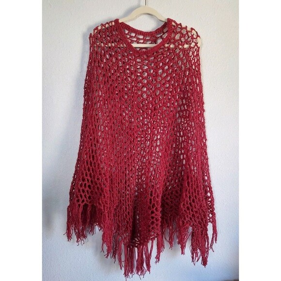 Handmade Jackets & Blazers - Handmade Crocheted Boho Hippie Red Mesh Poncho Made with Vintage 70s Yarn NEW